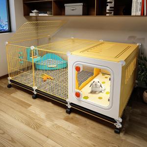 Rabbit Hutch Outdoor with Wheels for 2 Rabbits, Rabbit House with Play Pen with Several Accessories, Indoor Portable Metal Wire Yard Fence (37x16x47 cm)