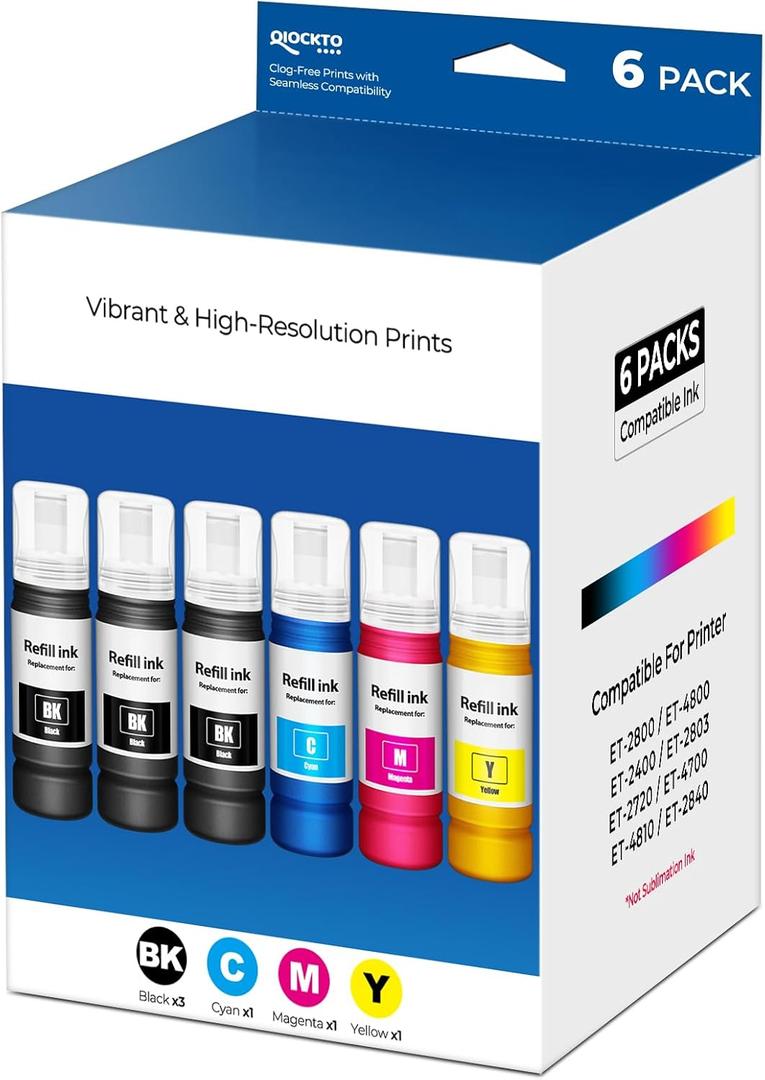 Compatible for EPT522 Ink Refill Bottles Replacement for ET-2800 ET-2400 ET-4800 ET-2803 for EPT522 Ink Bottle for Eco tank ET2800 ET2400 ET4800 ET2803 ET-2720 ET-4700 ET-4810 ET-2840 2800 2400 6 Pack