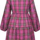 FANCYINN Womens Long Sleeve Buffalo Plaid Shift Tunic Dress Ruffle Hem Vneck Casual Swing Babydoll Mini Dress with Pockets (X-Small, Rose Red Plaid)