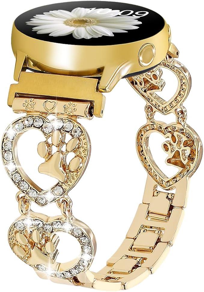 20mm Bling Metal Band Compatible with Samsung Galaxy Watch 7 FE 6 5 4 40/44mm Women,Galaxy Watch 5 Pro,6 4 Classic,Active 2,Love Heart Shape Bracelet Dog Paw Cute Wristband