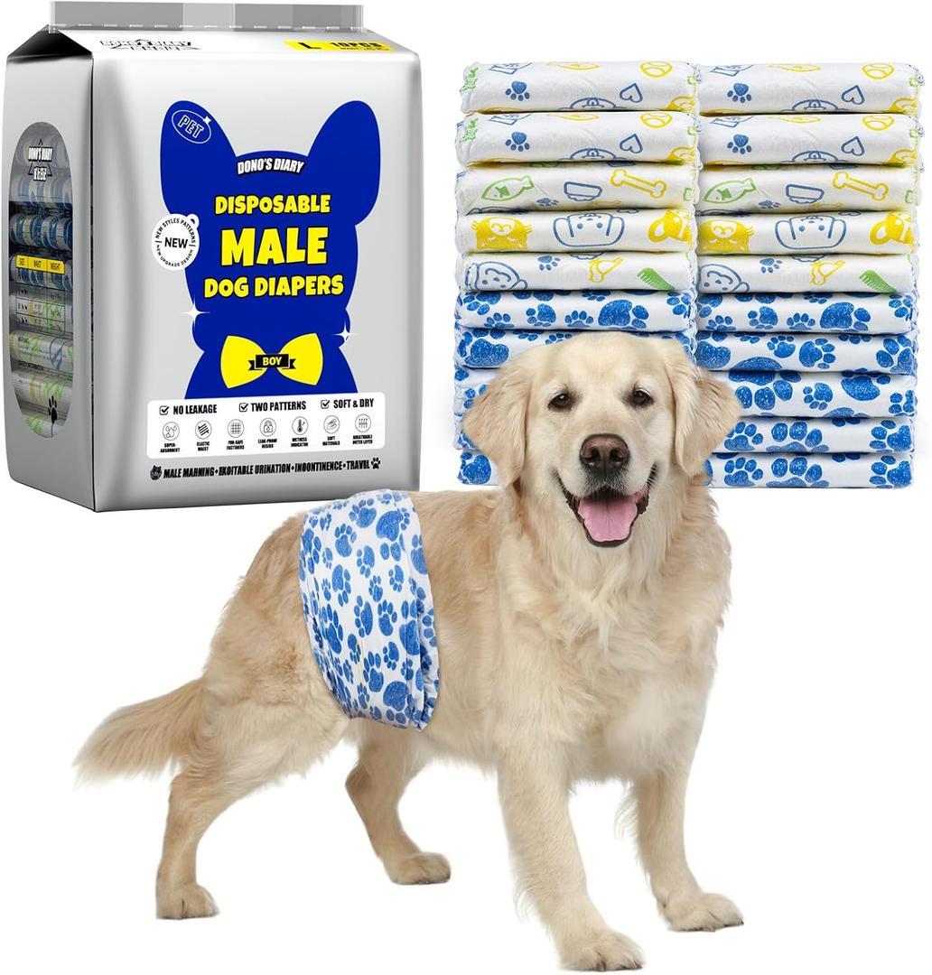 25 x Dono Dog Diapers Male, Disposable Male Dog Wraps 60ct, Ultra Absorbent Doggie Diapers, Rapid-Dry Leak-Proof Puppy Diapers, Wetness Indicator Excitable Urination Incontinence,Large