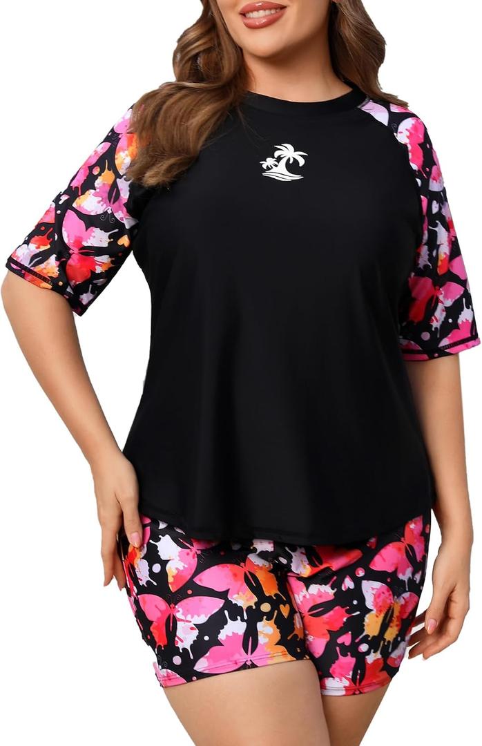 JOYBIK Women's 2 Piece Plus Size Rash Guard Sets with Built in Bra (XXXL)