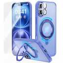 JUESHITUO 3 in 1 for iPhone 16 Case, 360° Rotatable Magnetic Ring Stand with [Rotary Damping Sound] [1X Screen Protector + 1X Camera Lens Protector] Shockproof Slim Phone Cover 6.1", Ultramarine
