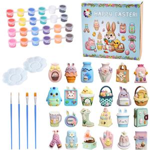 GloomGlo Easter Theme Paint Your Own Plaster Figurines Kit - 24 Pcs Figures with Paints, Brushes & Palettes for Kids Arts Crafts Supplies24pcs