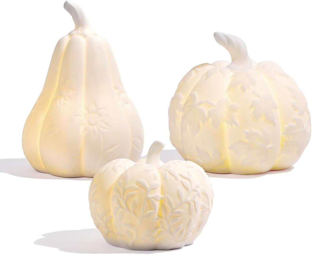 Set of 3 Large Ceramic Pumpkin with Light, Thanksgiving Table Decorations Decorative White Pumpkins Fall Centerpiece Table Decorations for Home