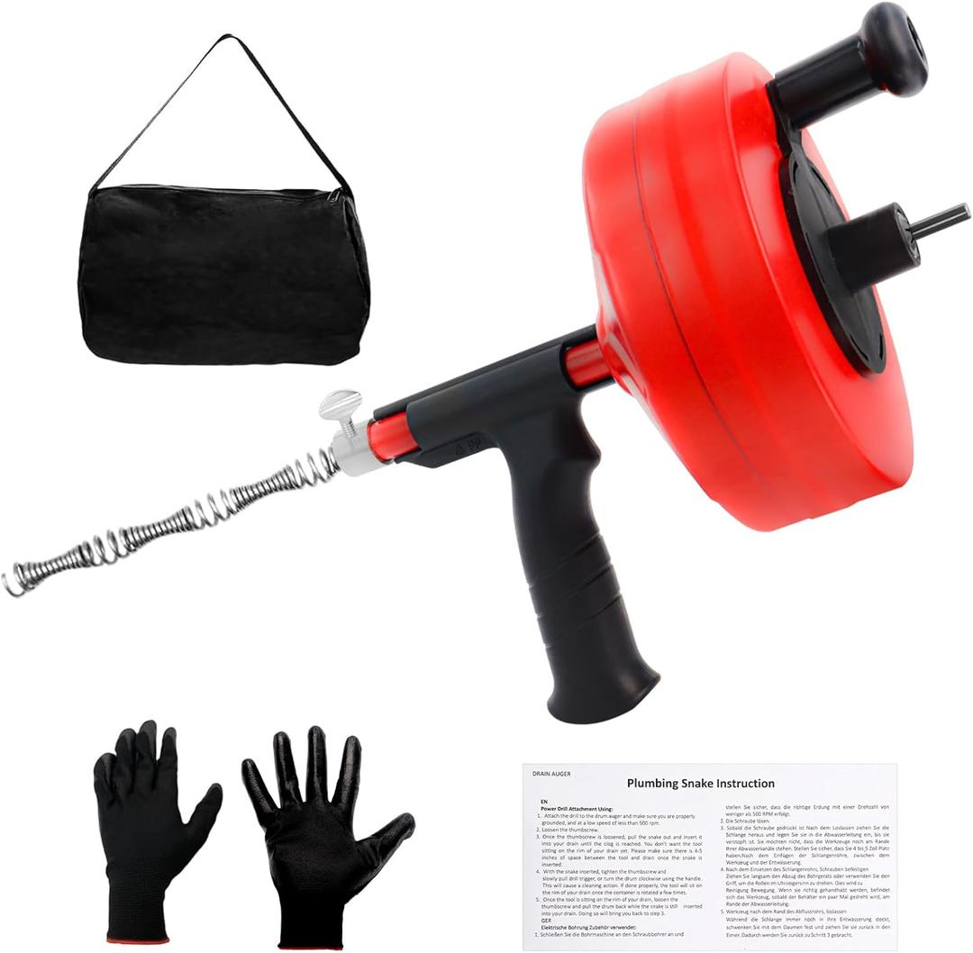 Drain Auger, 50FT Drain Snake Plumbing Snake Clog Remover with Drill Adapter, Sink Snake Drain Tool with Work Gloves and Storage Bag, Manual or Powered Use for Kitchen, Sink, Sewer and Shower