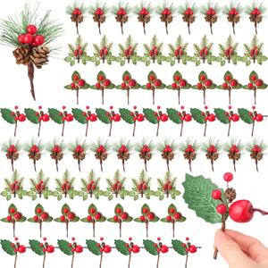 Shappy 40 Pcs Christmas Red Berries Picks Bulk Christmas Floral Picks Artificial Pine Tree Plants Floral for Flower Wreaths Garland Greenery Decoration DIY Xmas Crafts