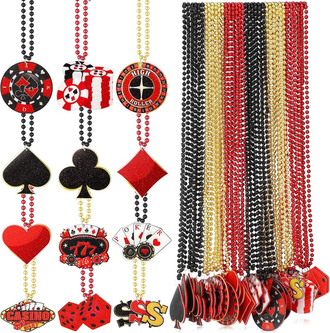 72 Pcs Casino Night Beaded Necklaces Bulk 12 Styles Casino Dice Dollar Sign Necklaces Gold Red Black Beaded Necklace for Birthday Party Favors Supplies (Dice)