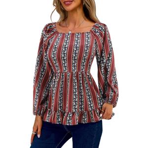 Womens Square Neck Floral Long Sleeve Tops Casual Loose Puff Sleeve Boho Work Blouse T Shirts (Medium, C1004)