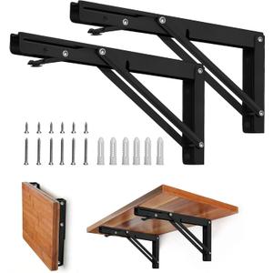 Storystore Folding Shelf Brackets - 8 Inch Heavy Duty Metal Collapsible Shelf Bracket for Bench Table, Shelf Hinge Wall Mounted Space Saving DIY Bracket, Max Load: 150 lb (2 PCS, Black)
