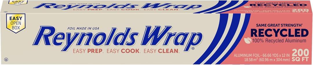 Reynolds Wrap Recycled Aluminum Foil, Recycled Foil Roll, Made From 100% Recycled Materials, With Secure Easy Open and Close Tab, 200 Sq. Ft.