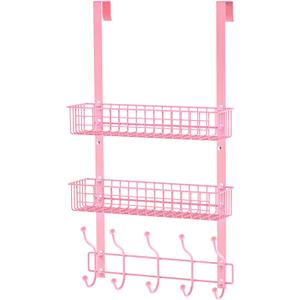 Coat Rack, Over The Door Hanger with Mesh Basket, Detachable Storage Shelf for Towels, Hats, Handbags, Coats (Pink-2 Baskets)