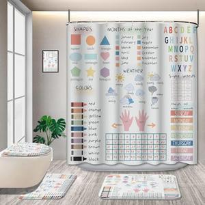 4 Pcs Kids Educational Shower Curtain Sets with Non-Slip Rugs Boho Watercolor ABC Alphabet Pastel Numbers Shapes Colors Weather Knowledge Child Nursery Bathroom Decor Polyester Fabric 72*72in