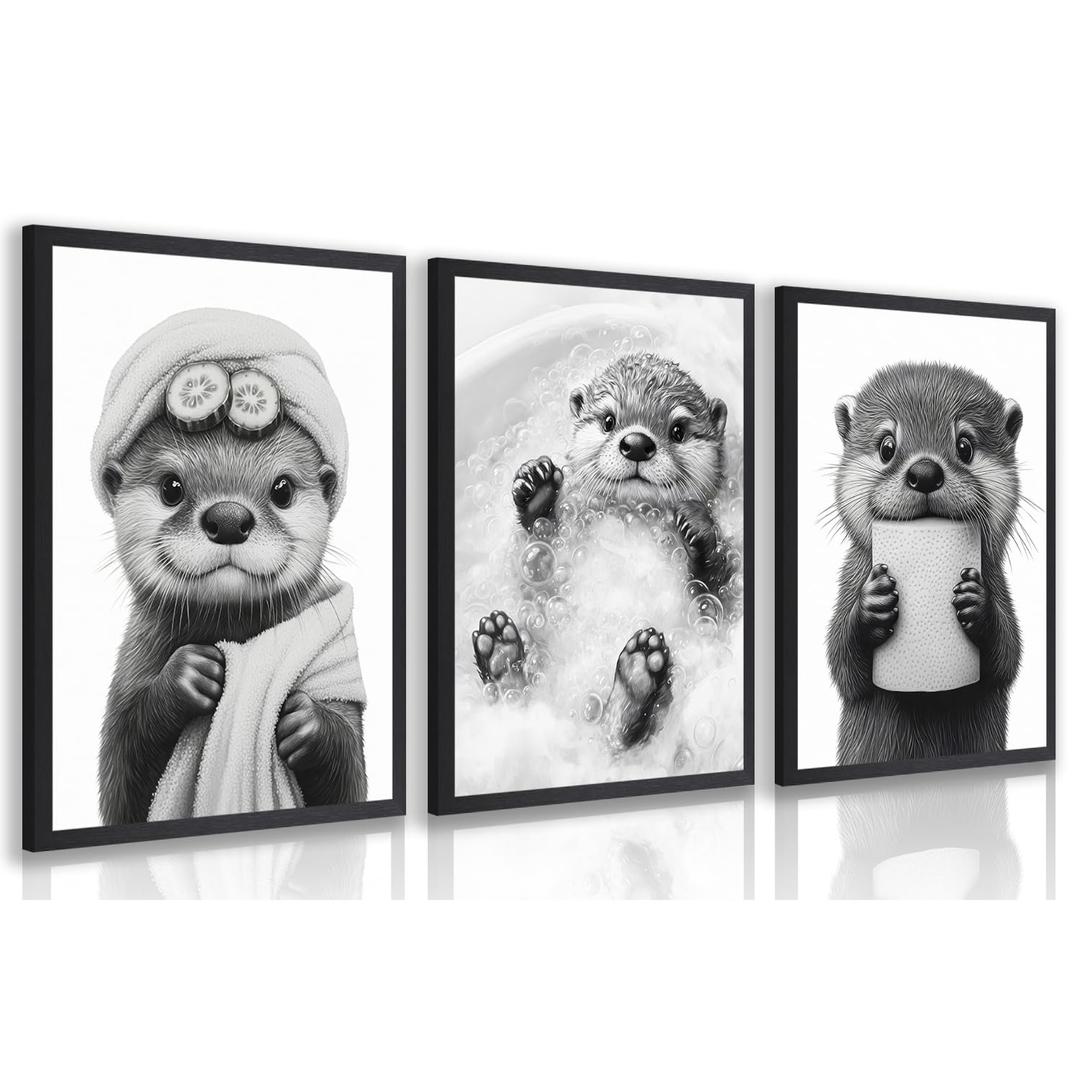LLEEMPI Funny Bathroom Wall Art Set of 3, Cute Raccoon Poster Prints, Humor Animals Canvas Paintings, Fashion Minimalist Black White Wall Decor for Restroom Nursery Bedroom Wood Framed 16x24 inch
