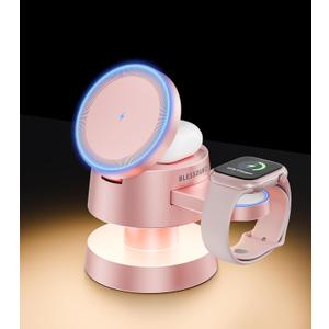 4-in-1 Magnetic Wireless Charging Station for iPhone 17/16/15/14 Pro Max, with Night Light Wireless Charging Station Fast Charging for Apple Watch, Earphones & Multiple Devices (Pink)