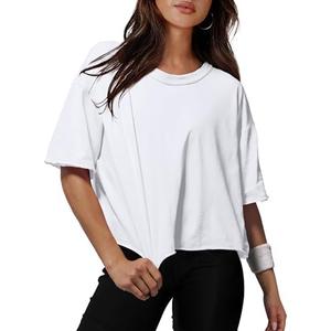 XIEERDUO Cotton Tshirts for Women Drop Shoulder Round Neck Oversized Crop Tops Workout Tops Tees Large