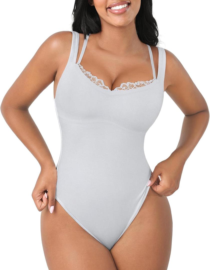 FeelinGirl V Neck Shapewear Bodysuits for Women Sleeveless Lace Body Shaper Tummy Control Thong Bodysuits for Women (Medium, White)