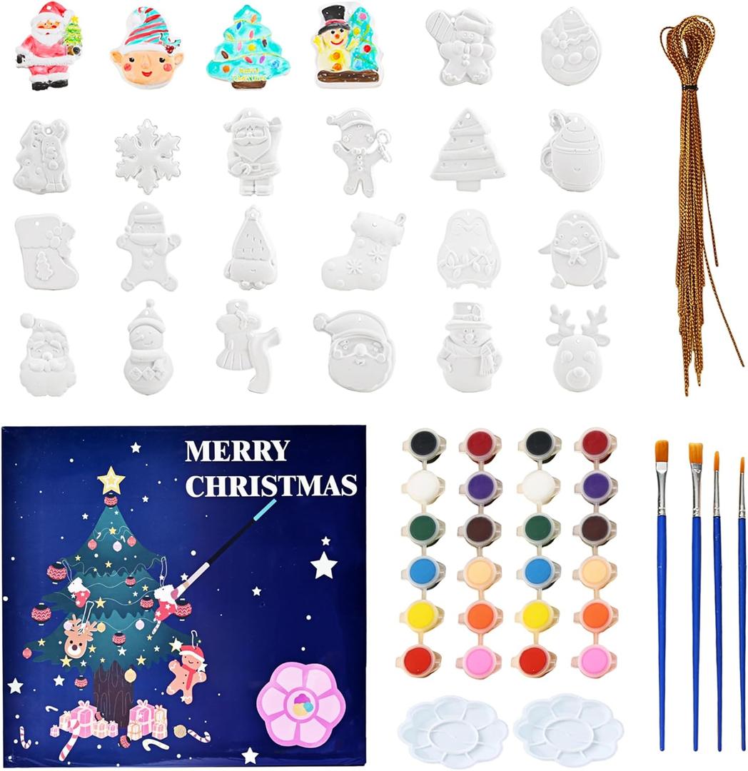 GloomGlo 24pcs Christmas Plaster Painting Kit for Kids  Non-Toxic DIY Ceramic Ornament Craft Set with Snowman/Gingerbread Man Christmas Tree Decorations(Christmas 1)