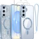 Meifigno Case Designed for Samsung Galaxy S25 Plus 6.7 inch, [Compatible with MagSafe] [2X HD Screen Protectors] [Glitter Card & Wrist Strap] Full Lens Protection Case for Galaxy S25 Plus, Icyblue