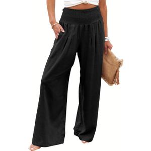 ANRABESS Women Linen Palazzo Pants Summer Boho Wide Leg High Waist Casual Lounge Pant 2025 Beach Travel Vacation Outfits (Large, Black)