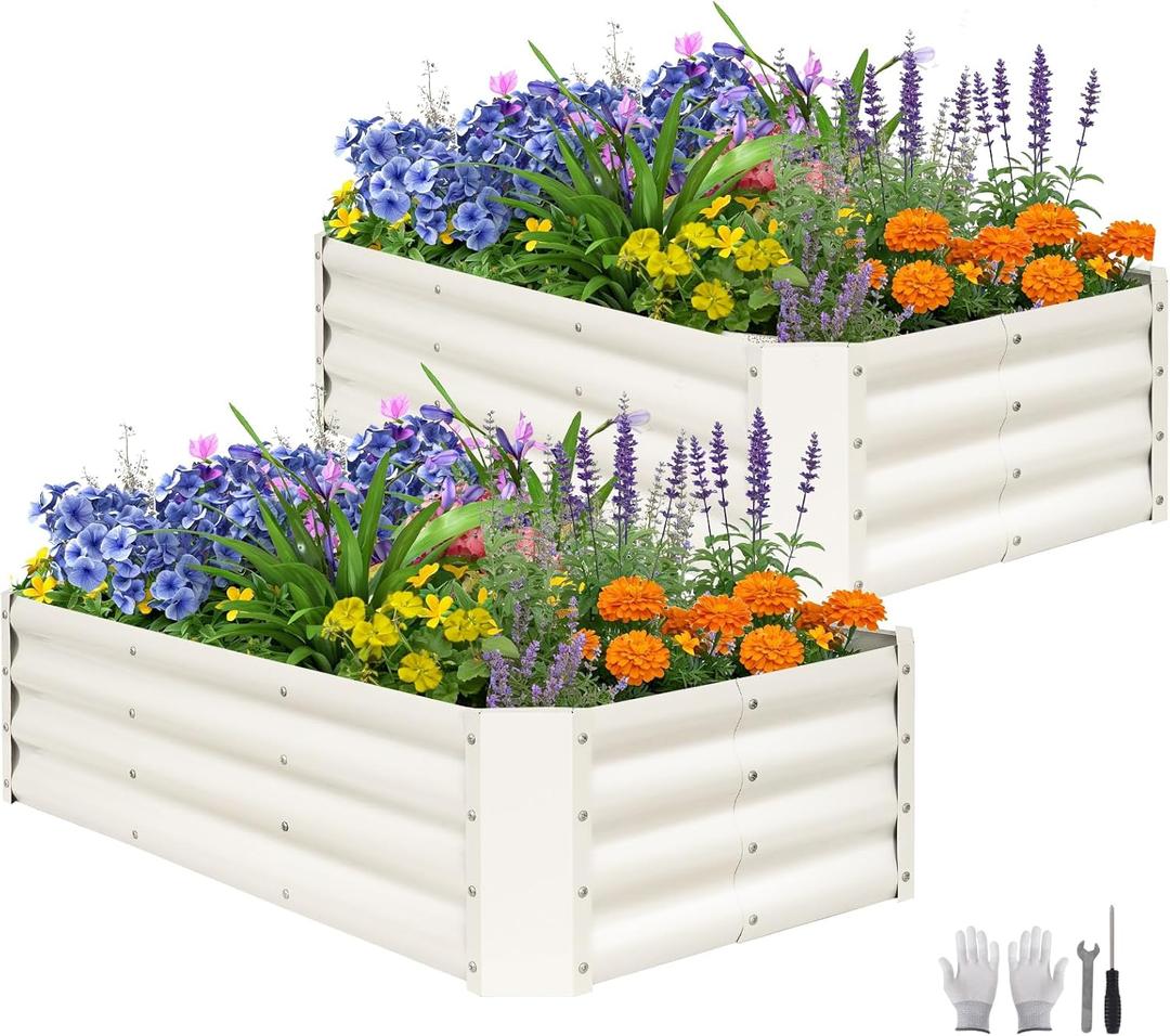 ZORMY 2 Pcs 4x2x1ft Galvanized Raised Garden Bed Outdoor, Metal Planter Boxes with Easy Assembly, Planter Raised Beds for Gardening, Flower, Plants, Vegetable, Herb - White