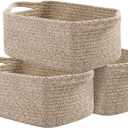 OIAHOMY Cotton Rope Baskets, Woven Baskets for Storage, Nursery Storage Baskets, Rectangle Storage Basket with Handles, Storage Baskets for Shelves, Pack of 3, Brown Variegated