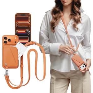 MAGEASY Compatible with iPhone 17 Pro Max 6.9" Wallet Case with Crossbody Strap - Coin Purse & Card Slot, with Leather Crossbody Lanyard, 16ft Ultimate Drop Protection | Pouch (Coral)