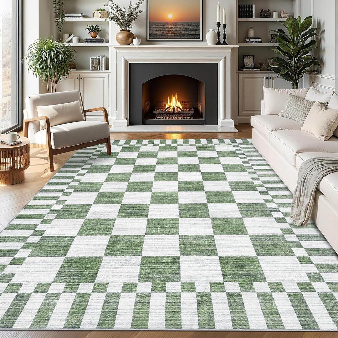 GarveeHome Sage Green Checkered Rug 57 Area Rugs for Living RoomNon-Slip Washable Rug Soft Low-Pile, Modern Farmhouse Geometric Rugs for Bedroom Dining Room