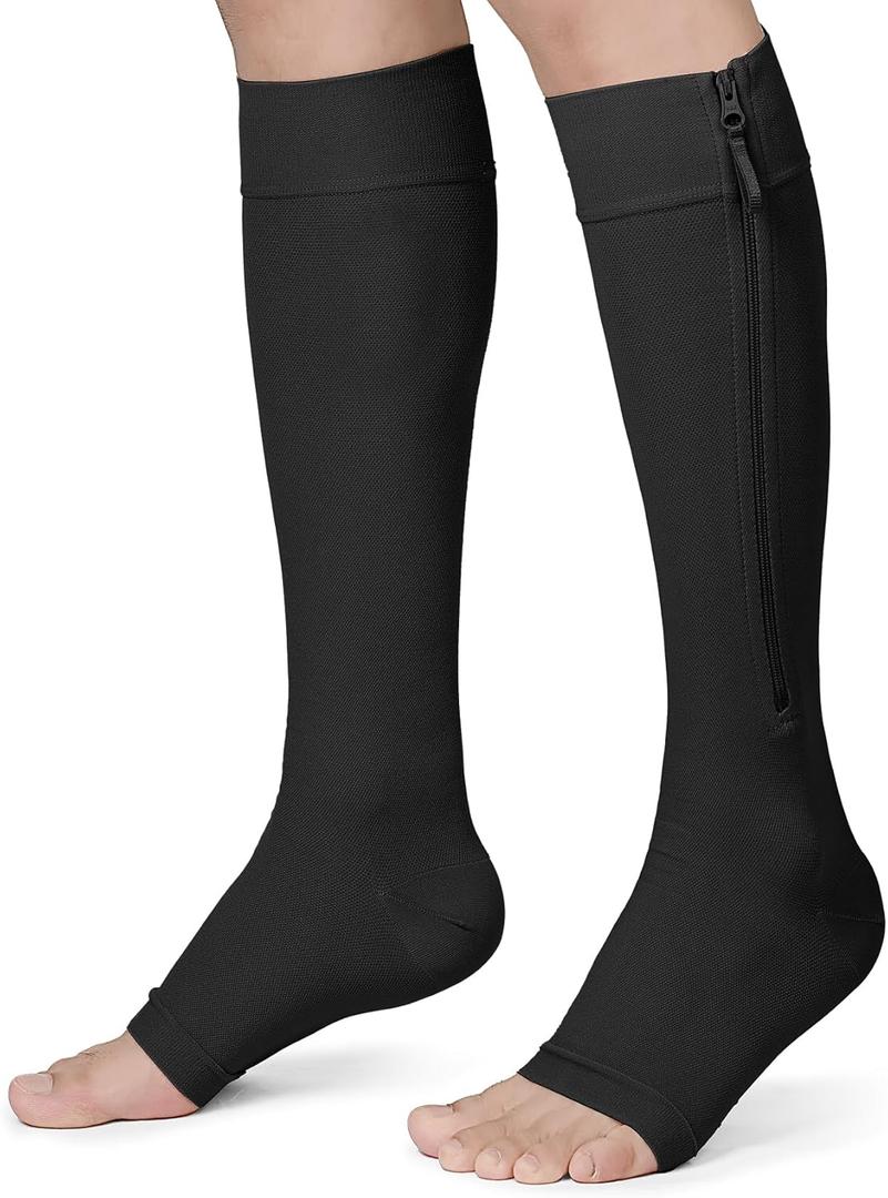 KEKING® Zipper Compression Socks for Men Women, Open Toe, 20-30mmHg Firm Support Knee High Zipper Compression Stockings for Wide Calf - Varicose Veins, DVT, Shin Splints, Edema, Nursing, Black 3XL