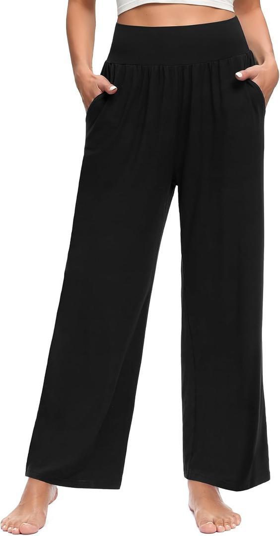 OLIKEME Womens Wide Leg Yoga Pants High Waisted Comfy Casual Loose Pants Workout Plus Size Lounge Sweatpants with Pockets (Medium, Black)