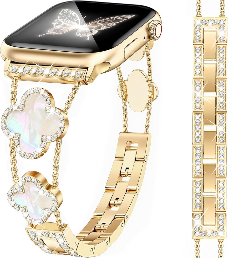 Gold Bling Diamond Clover Bands for Women Compatible with Apple Watch 40mm 38mm 41mm 42mm(S10/11) Lucky Cute Sparkle Dressy Bracelet Metal Strap for iWatch Series 11/10