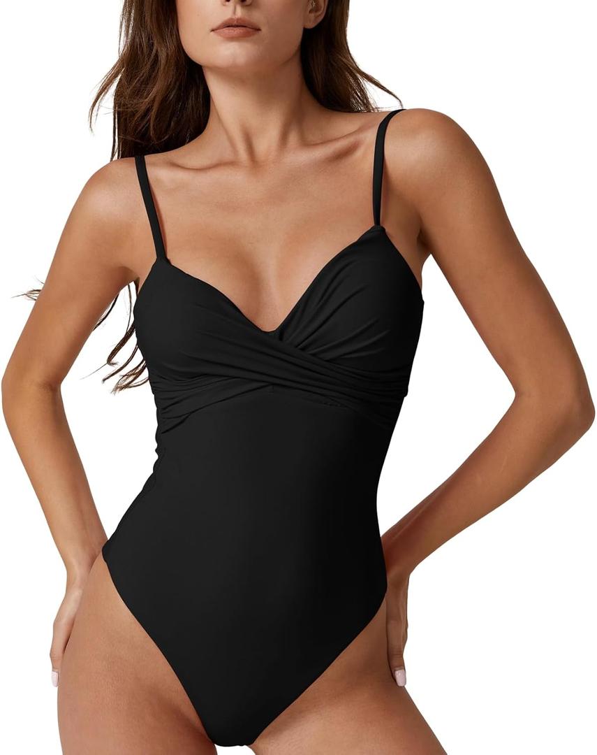 ESONALR Sexy One Piece Swimsuit for Women Adjustable Spaghetti Strap Cross Over Neckline High Leg Bathing Suits (Black), XL