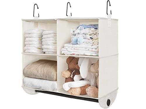 StorageWorks Hanging Closet Organizer with Metal Rod, 4-Section Closet Organizers and Storage, Collapsible Hanging Shelves for Baby Clothes, Shoes, Sweater Storage, Ivory and White