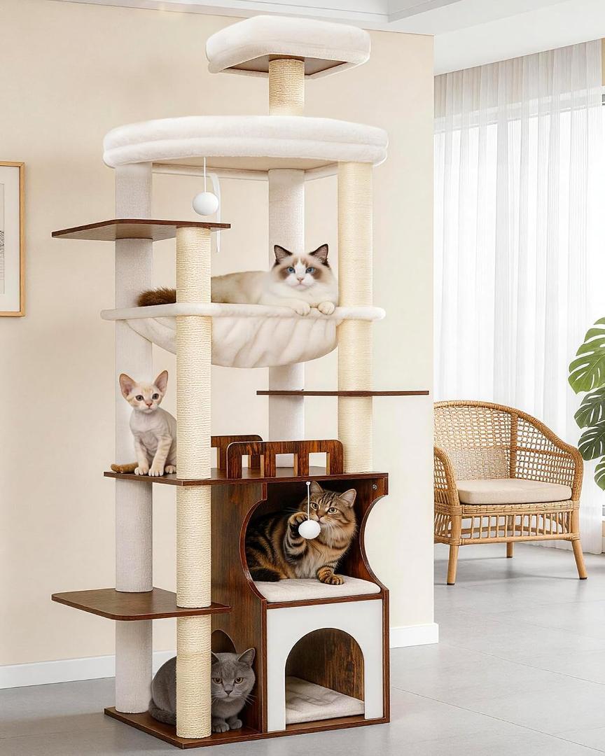Gitelsnour Cat Tree, 70.9 Inch Wood Cat Tower for Large Cats Adult, Modern Cat Furniture with Double-Layer Wooden Cat Condo, 2 Platforms, Large Hammock and Scratching Posts, Rustic Brown GCT102SR