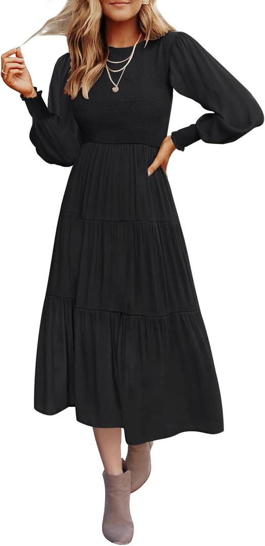 ZESICA Women's Casual Long Sleeve Crew Neck High Waist Smocked Flowy Tiered Midi Dress (Medium, Pureblack)