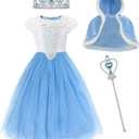 MYZLS Cinderella Princess Dress Girls Fancy Party Costume Christmas Cosplay Dress Up Outfit for (5-6 Years, Blue/4 Pcs)