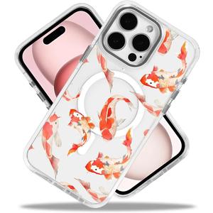 Case for iPhone 15 Pro,Compatible with MagSafe,Koi Fish for Women Girls Slim Cute Hard Back Shockproof Phone Case for iPhone 15 Pro,White