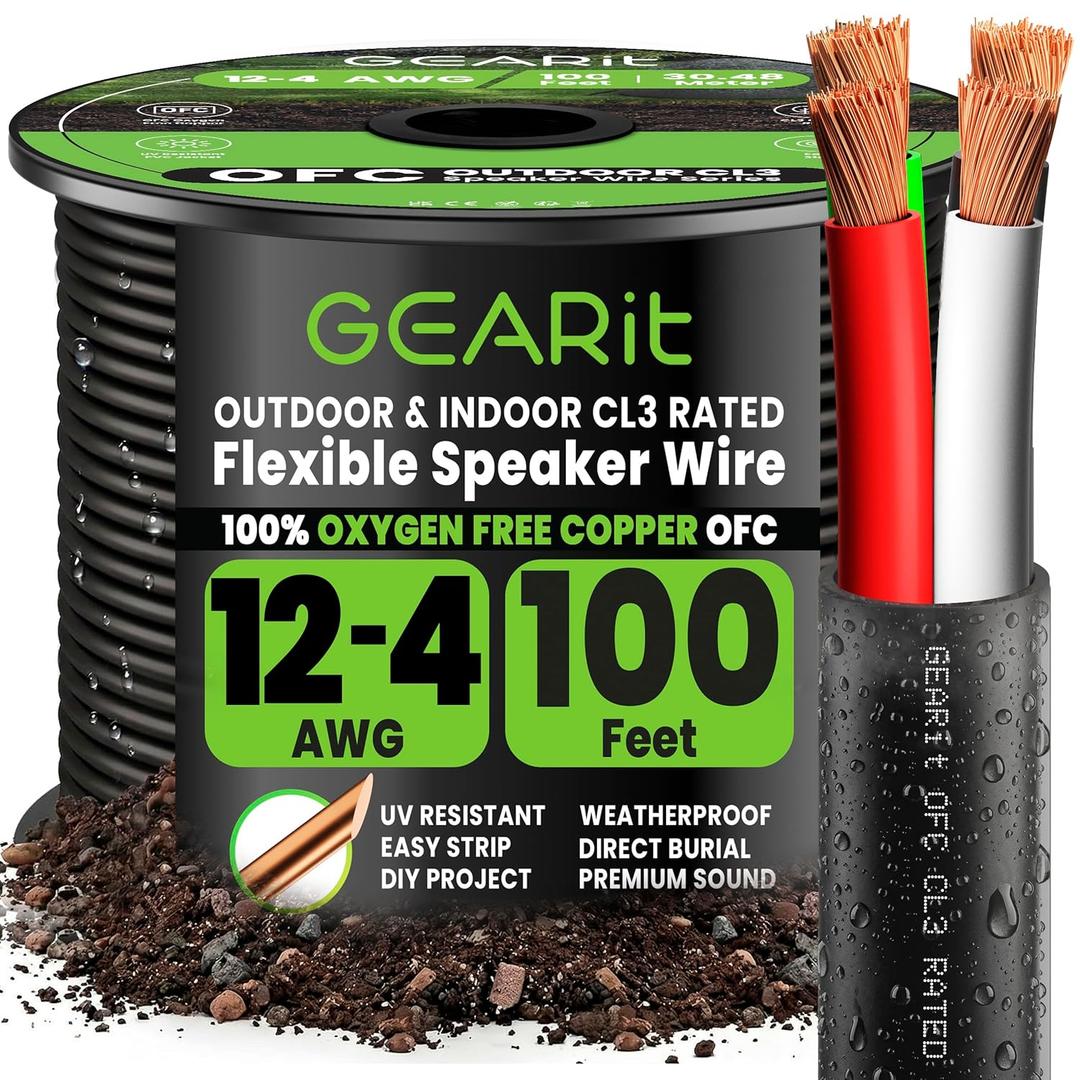 GEARit 12 Gauge Speaker Wire OFC 100 ft,Speaker Cable UL CL3 Rated,Copper Wire with Polarity Mark,Audio Cable for in-Wall,Home,Car,Outdoor,Garden,Commercial Audio Systems,OFC(Black,4-Conductors)