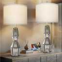 28" Vintage Table Lamps for Bedroom,Antique Bedside Lamp for Living Room with USB A+C Ports,Glass Table Lamps with Linen Shade,3-Way Dimmable Bulb,Nightstand Lamp for Home Hotel Office(Bulb Included)