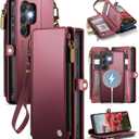 Defencase for Samsung Galaxy S22 Ultra Magnetic Wallet Case Compatible with Magsafe with RFID Blocking Zipper & Card Holder Women, PU Leather Detachable Phone Case for Galaxy S22 Ultra 6.8", Wine Red