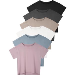 Dalavch 6 Pack Women's Crop Top Short Sleeve Athletic Workout Yoga Running Gym Casual Tees T-Shirts Loose Fit (1 Black 1 White 1 Heather Grey 1 Pink 1 Khaki 1 Blue, Small)