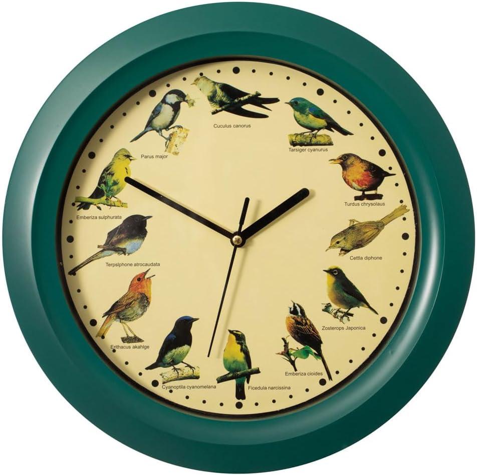 Clockswise 12" Round Decorative Singing Bird Wall Clock Battery-Operated with Wild Nature Sounds Hourly Chime (Green)
