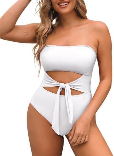 Pink Queen Women Bandeau One Piece Swimsuit Removable Strap Cutout Tie High Waist Bathing Suit Monokini, Size S