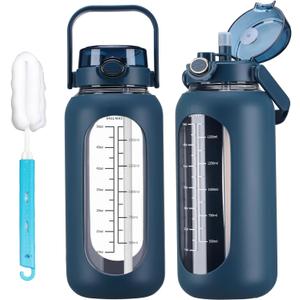 42oz Glass Water Bottles with Straw Half Gallon Large Motivational Water Bottle with Time Marker Sports Water Bottles with Silicone Sleeve and Handle Lid Water Jug for Gym Workout (Dark Blue)