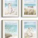 Beach Framed Wall Art Picture: Bedroom Modern Coastal Ocean View Print Decor Abstract Blue Sea Boat Seascape Painting Relaxing Tropical Landscape Seaside Seashore Scene Artwork for Living Room, 11"x14"x4Pcs
