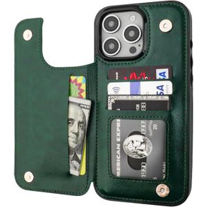 ONETOP Compatible with iPhone 16 Pro Max Wallet Case with Card Holder, PU Leather Kickstand Card Slots Case, Double Magnetic Clasp and Durable Shockproof Cover 6.9 Inch (Green)