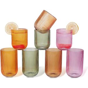 Set of 8 Dopamine-colored-match Ribbed Glassware,4 Highball Glasses 14oz & 4 Rocks Drinking Glasses 9oz, Origami Style, Fluted Design, for Daily use, Water, Cocktail, Whiskey, Kitchen, Gift