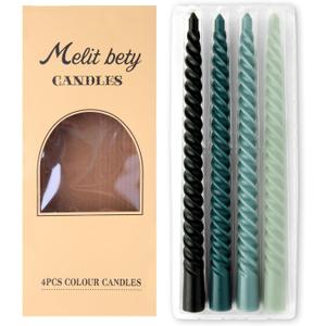 4 Pack Spiral Gradient Taper Candles  Long Pole Unscented Candles, Smokeless & Dripless, Gift Boxed for Wedding, Christmas, Table or Mantle Decor (Green)