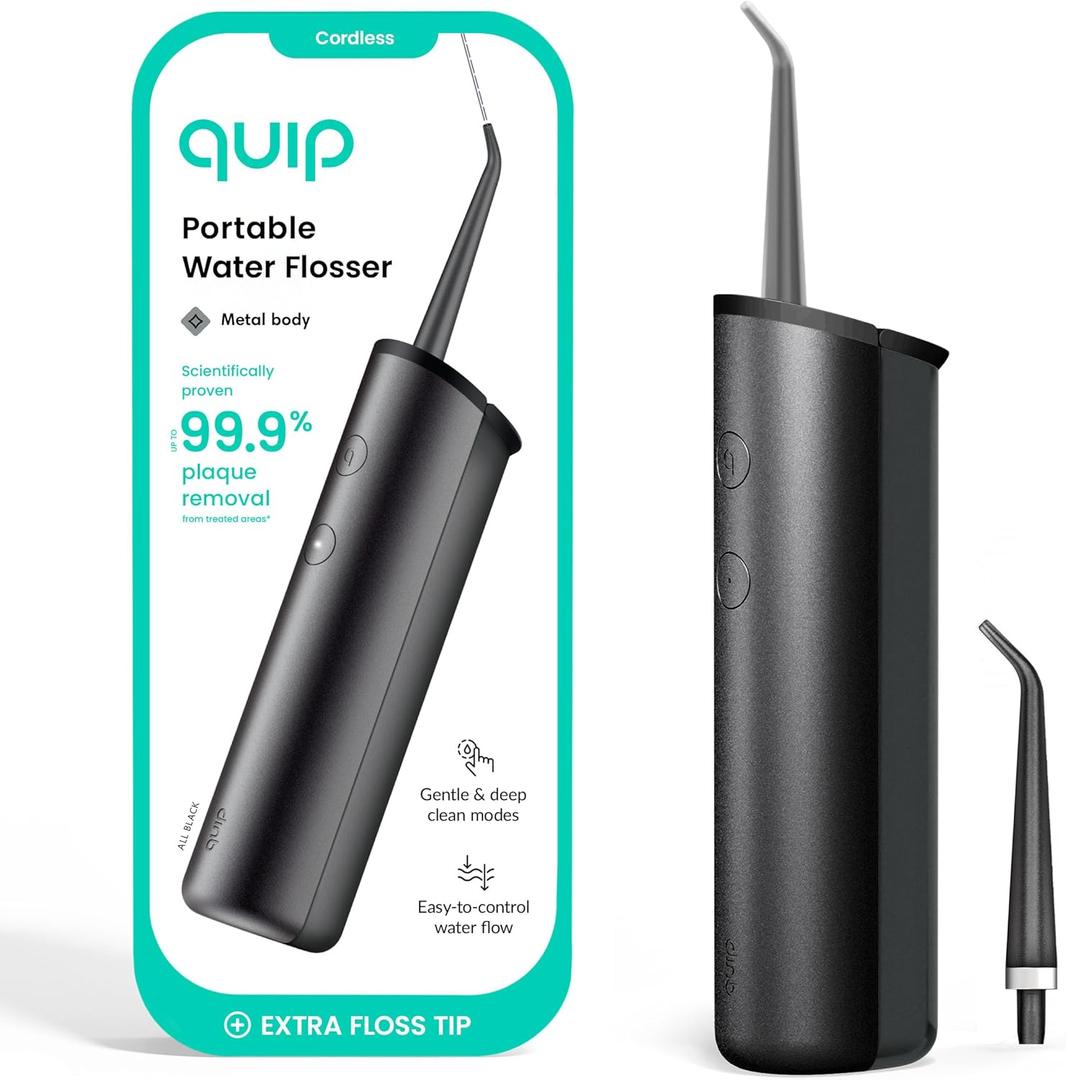 quip Water Flosser with Replacement Tip - Cordless Water Flosser with Adjustable Pressure - Teeth Cleaner Pick with 360 Degree Rotating Replaceable Tip, Rechargeable Water Dental Pick - All-Black