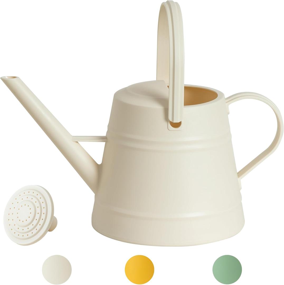 1 Gallon Watering Can Outdoor, Plastic Water Can for Plants with Comfort Grip Handle, Detachable Sprinkler Head (Ivory)
